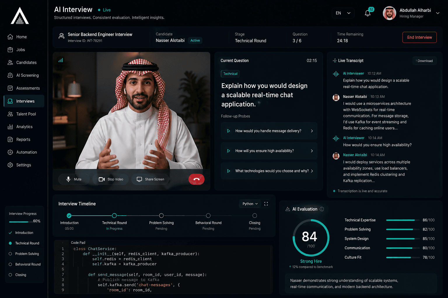 Atheer AI interview session showing a live transcript, the current question, interview timeline and scored evaluation dimensions.